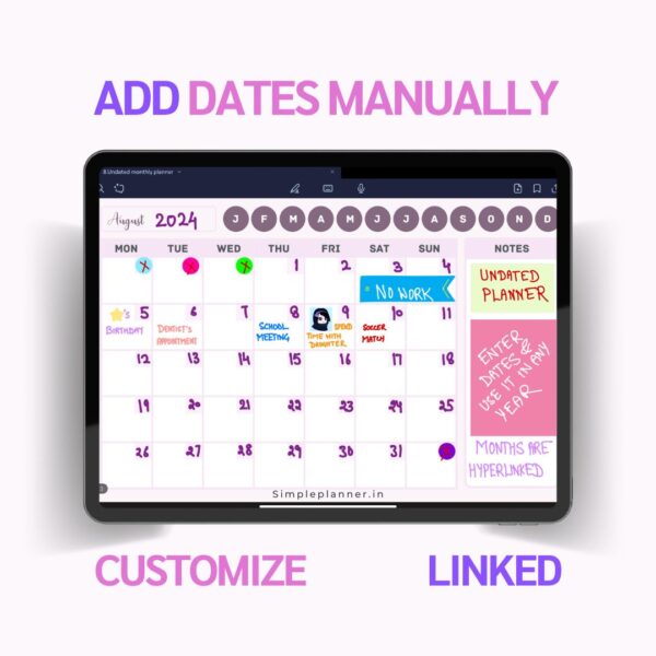 Undated Monthly Planner for Goodnotes, Notability apps